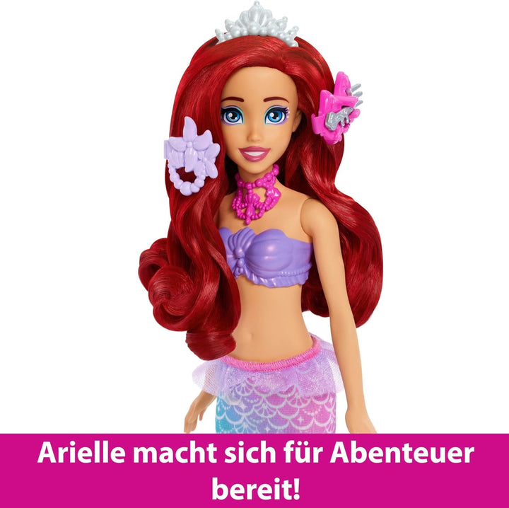 Mattel Disney Princess Toys, Make-up Shell Mermaid Arielle Fashion Doll cu coadă detașabilă, masă de machiaj cu 5 surprize pop-up repetabile și 5 accesorii, JBF86