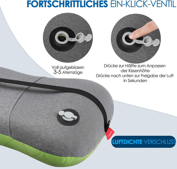 HIKENTURE Pernă gonflabilă de camping / călătorie cu față de pernă detașabilă, pernă ergonomică, pernă confortabilă pentru gât pentru călătorie / exterior, pernă gonflabilă de călătorie pentru gât (verde) ...