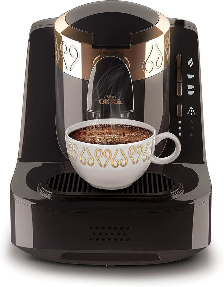 Espressor turcesc Arzum Okka, complet automat, 3 dimensiuni de cești, funcție de autocurățare, rezervor de apă de 950 ml, senzor de supraprotecție, design compact, negru-auriu