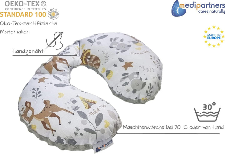 Medi Partners Perna de gât pentru copii Suport pentru gât 100% bumbac / minky pernă de gât pentru copii pentru mașină cărucior călătorie călătorie somn pernă de gât snooze roll (REH cu gri Minky)