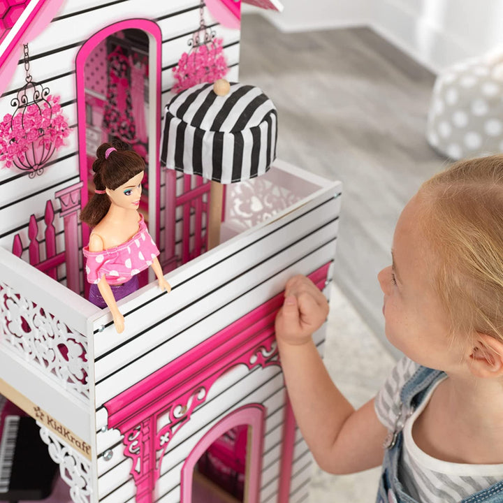 Casă de păpuși din lemn Kidkraft Amelia cu mobilier și accesorii, set de joacă cu balcon și lift pentru păpuși de 30 cm, jucărie pentru copii de la 3 ani, 65093