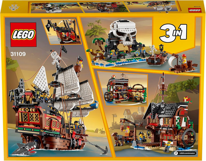 Set navă pirat LEGO Creator 3 în 1, jucărie cu 3 opțiuni de construcție, construiește o tavernă pirat sau o insulă pirat cu craniu, include 3 minifigurine pentru aventuri de rol 31109