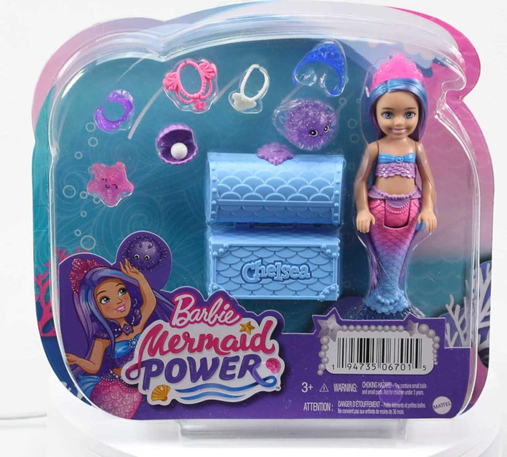 Barbie Mermaid Power, păpușă Chelsea, păpușă sirenă, Chelsea cu păr albastru și violet, coroană, coadă de sirenă, accesoriu, cadou pentru copii de la 3 ani, Hhg57