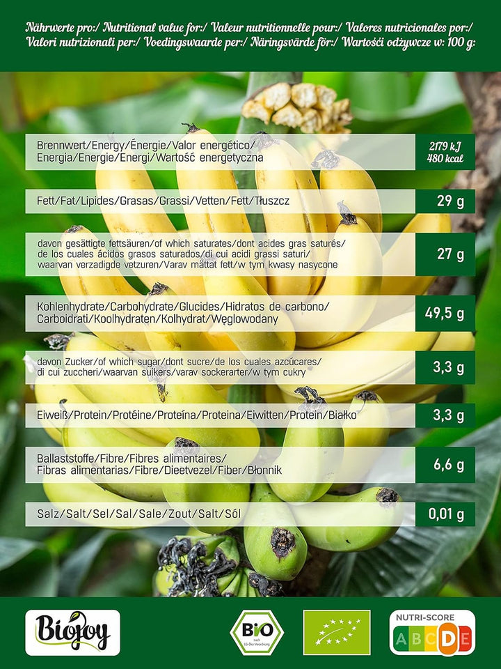 Biojoy chipsuri de banane ecologice (500 g), uscate și nesulfurate Produse deshidratate Naty Shop