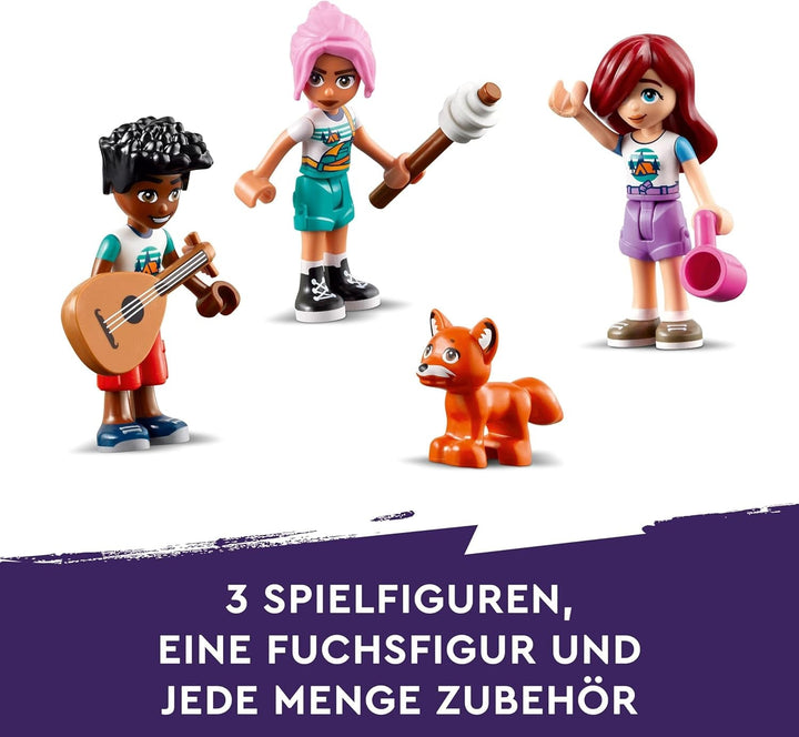 LEGO Friends Cosy Huts At Adventure Camp, Playset pentru jocuri de rol în aer liber, jucărie pentru copii pentru fete și băieți de la 7 ani cu 3 figurine și vulpe, jucărie de camping 42624