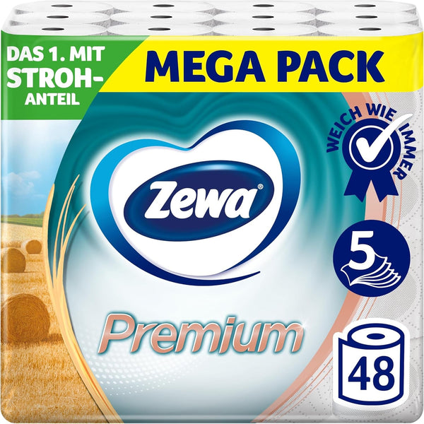 Zewa Premium hârtie igienică cu pai 48 de bucăți, rulouri 6X8, 5 straturi, pachet de stocare