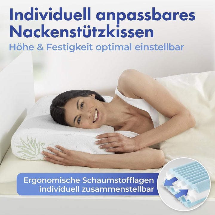 Maximex visco pernă de sprijin pentru gât, Pernă de sprijin respirabilă cu umplutură din spumă ergonomică, Pernă de sprijin pentru gât reglabilă pe înălțime și înălțime pentru un somn odihnitor, Cu aloe vera