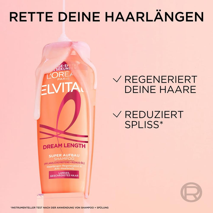 L'Oréal Paris Elvital Dream Length Super Aufbau Shampoo, Für Traumhaft Langes Haar, Mit Rizinus-Öl, Vitaminen & Pflanzlichen Proteinen, 1 X 1000 Ml