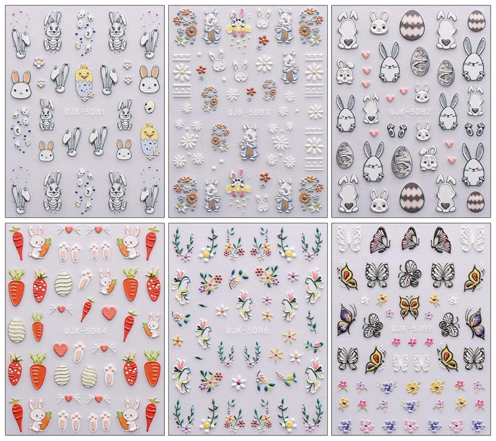 JMEOWIO 6 Blatt 3D Nagelsticker Ostern Nail Art Sticker Selbstklebend Nagelaufkleber 5D Stereoskopisch Süßer Hase Ei Dekoration Nageldesign Zubehör