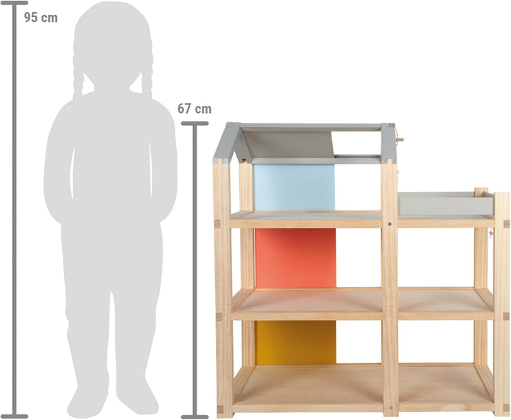Casă de păpuși din lemn Small Foot, culori naturale - 3 etaje cu terasă pe acoperiș și set de mobilier din 51 de piese, încurajează jocul creativ, potrivită de la 3 ani, 12541