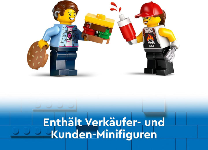 LEGO City Burger Truck, set de construcție cu mașină de jucărie pentru copii de 5 ani, minifigurină Food Truck și accesorii, cadou distractiv pentru băieți și fete 60404