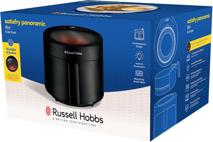 Russell Hobbs Heißluftfritteuse 5L [10 Programme|Mit Sichtfenster] Airfryer (Fritteuse Ohne Öl, Frittieren, Grillen, Braten, Backen, Max 200°C, Spülmaschinenfest, Schwarz) Satisfry Panoramic 27420-56