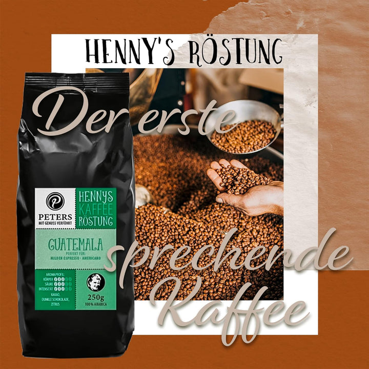 Peters Mit Genuss Verführt | Henny'S Röstung Crema Mild | Sprechender Kaffee AR | Augmented Reality App | Ganze Bohnen | Kaffeebohnen | Ideal Für Vollautomaten | Arabica | Mit Koffein | 250G