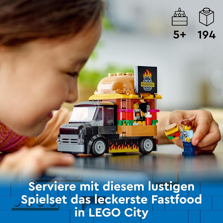 LEGO City Burger Truck, set de construcție cu mașină de jucărie pentru copii de 5 ani, minifigurină Food Truck și accesorii, cadou distractiv pentru băieți și fete 60404