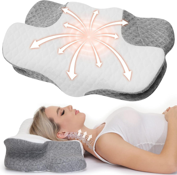 Wellsync pernă pentru gât Pernă ergonomică Pernă din spumă de memorie Pernă ortopedică Pentru persoane care dorm lateral Persoane care dorm pe spate Persoane care dorm abdominal Dureri de gât Alb Gri
