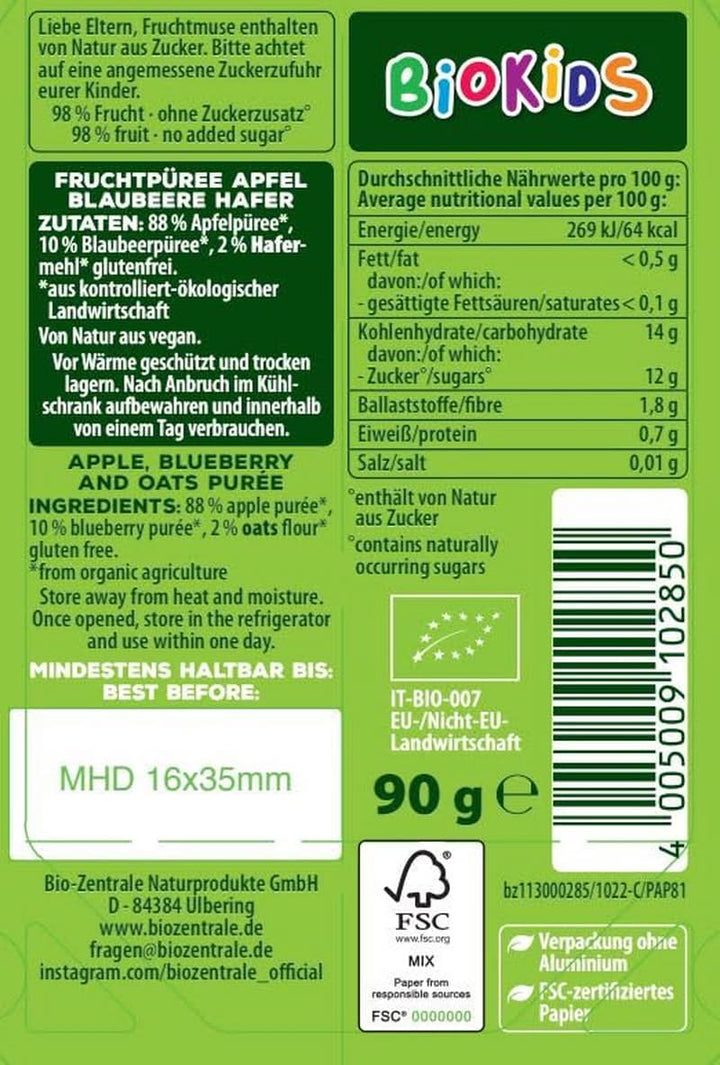 Biozentrale Biokids Fruchtmus Apfel Blaubeer Hafer | 12 X 90G | Veganer Frucht-Hafer-Snack | Ohne Kristallzuckerzusatz