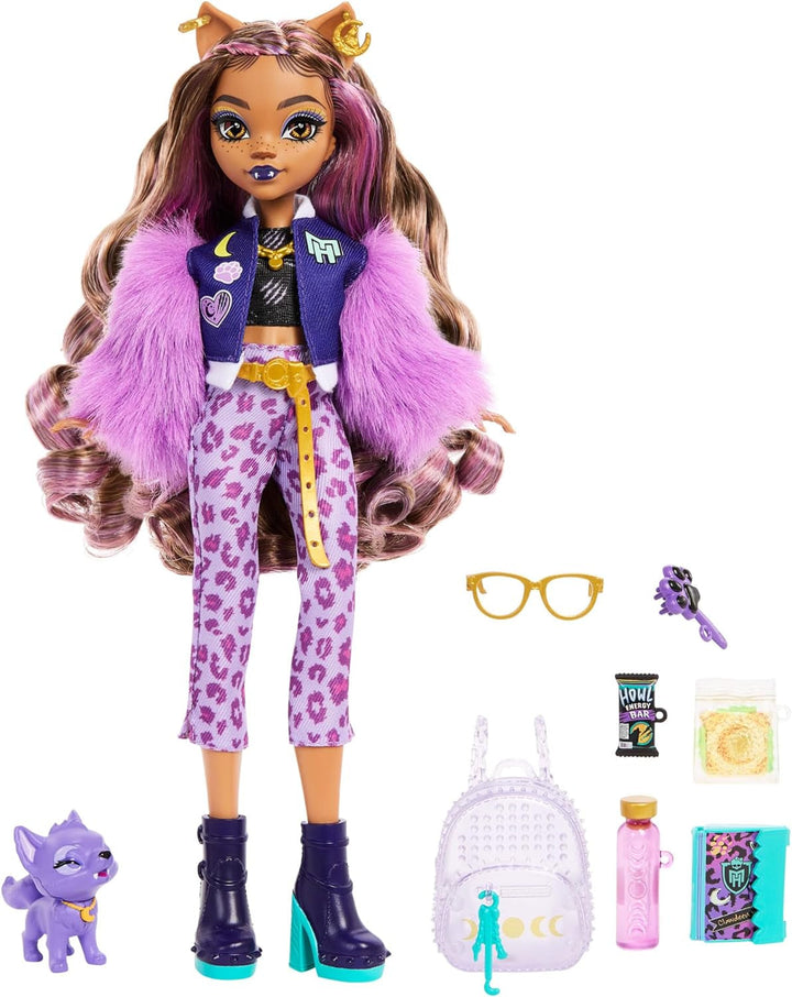 Păpușă Monster High Clawdeen Wolf cu câine Crescent și accesorii precum rucsac, calendar, gustări și multe altele, HRP65
