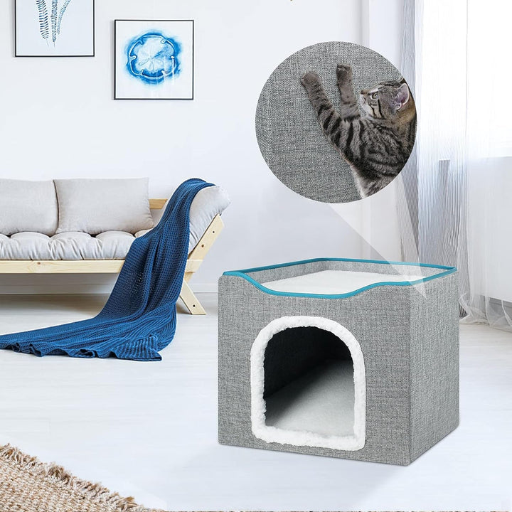 BRIAN & DANY Peșteră pliabilă pentru pisici, căsuță mare pentru pisici, peșteră pentru pisici de interior cu zgârietură și minge de joacă, 40 x 40 x 32 cm, gri