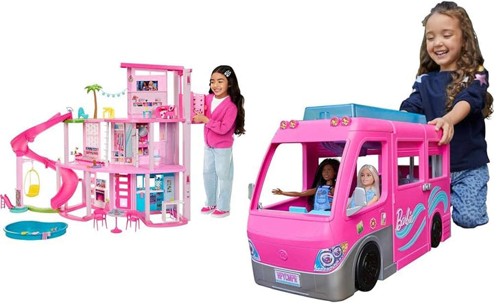 Barbie Dream Villa, casă Barbie cu 3 etaje cu 10 zone de joacă, inclusiv piscină, tobogan, lift, 75 de accesorii pentru păpuși, cățeluș de jucărie, jucărie pentru copii cu vârsta de peste 3 ani, HMX10