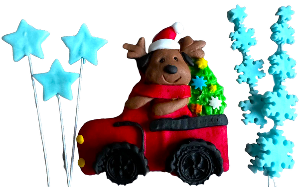 Establecer 6 decoraciones comestibles de pasta de azúcar, Navidad, automóvil, osito de peluche, estrellas y copos de nieve