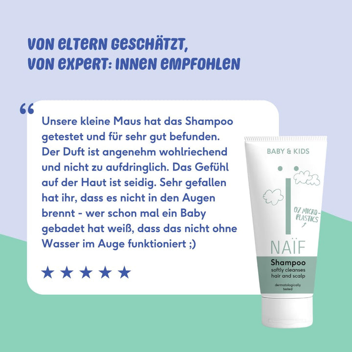 Naïf - Șampon de îngrijire - pentru bebeluși și copii - Șampon pentru bebeluși cu ingrediente naturale - 100% vegan - 0% SLES - Fără microplastice, siliconi și parabeni - 200 ml