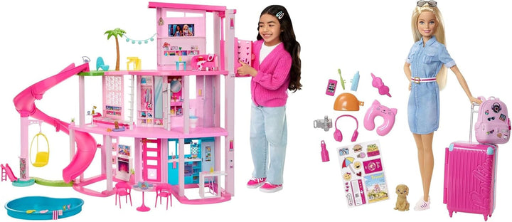 Barbie Dream Villa, casă Barbie cu 3 etaje cu 10 zone de joacă, inclusiv piscină, tobogan, lift, 75 de accesorii pentru păpuși, cățeluș de jucărie, jucărie pentru copii cu vârsta de peste 3 ani, HMX10