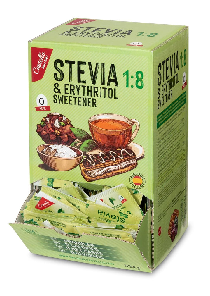 Stevia + Erythrit 1:8 Süßstoff | 504 Beutel Mit 1 G | 100% Natürlicher Zuckerersatz - 0 Kalorien - 0 Glykämischer Index - Keto Und Paleo - 0 Kohlenhydrate - Kein GVO - Castello since 1907 - 504 G