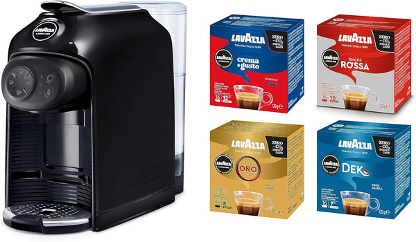Lavazza, a Modo Mio Idola Nera Mașină de cafea cu 64 de capsule asortate, mașină de espresso compactă și silențioasă, 1500 W, 220-240 V, 50/60 Hz, Max. Capacitate 1,1 litri de apă
