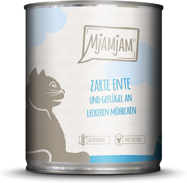 Mjamjam - Hrană umedă premium pentru pisici - Curcan bun cu dovleac aburit, pachet de 6 (6 X 800 G) & Hrană umedă premium pentru pisici - Rață și pasăre fragedă cu morcovi delicioși, pachet de 6 (6 X 800 G)