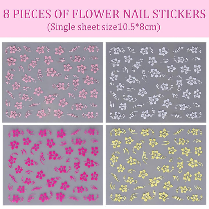 8 Stück Hibiskus Nagelsticker, 3D Selbstklebende Blumen Nagelaufkleber, Weiß Rosa Gelb Magenta Sommer Neonail Sticker, Nail Art Zubehör Nagel Deko Für Frauen