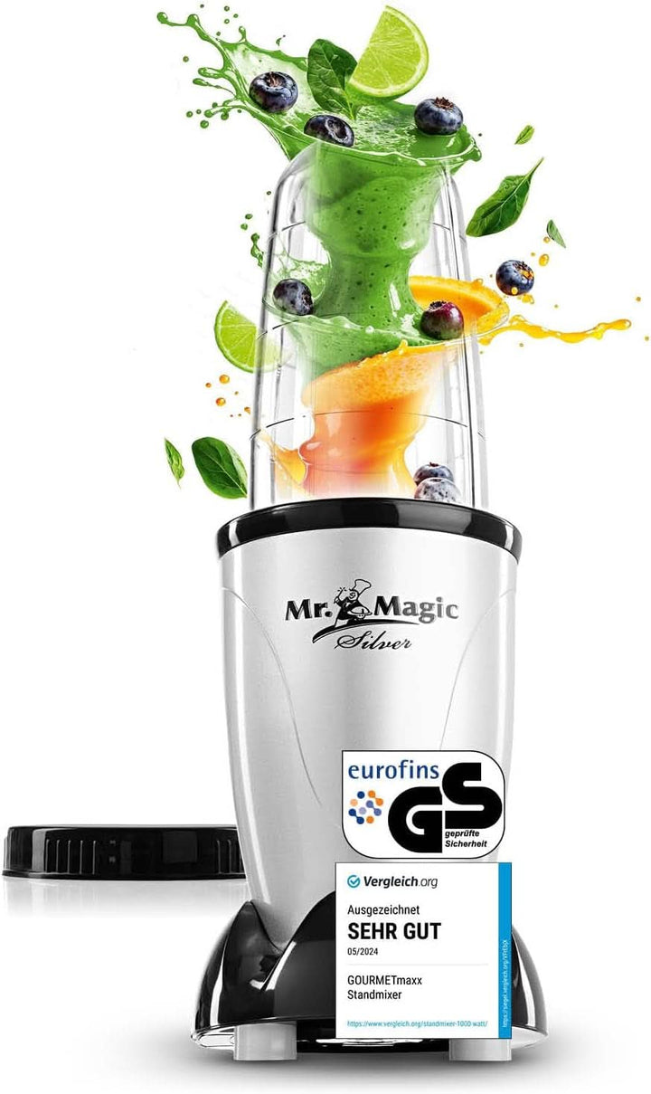 Gourmetmaxx Mr. Magic Mixer | Smoothie Maker Mit Xxl-Zubehörpaket | Standmixer 18-Tlg. | Blender Mit Auslaufsicheren Frischhaltedeckeln | Food Processor Für Shakes, Smoothies Etc.