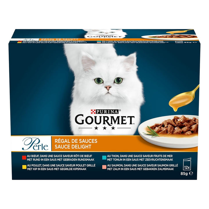 Perle | Sauce Shelf | Adult Cat | Carne de vită, pui, ton, somon | 12 X 85 G | Pungă proaspătă (ambalajul poate varia)