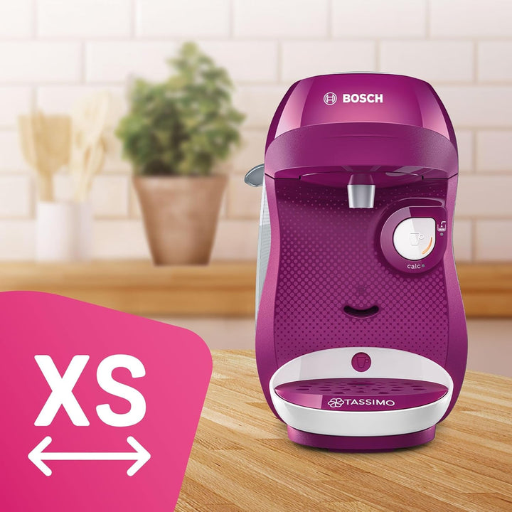 Espressor Bosch Tassimo Happy Capsule TAS1001, 70 de băuturi, complet automat, potrivit pentru toate tipurile de cești, economisește spațiu, 1400 W, roz