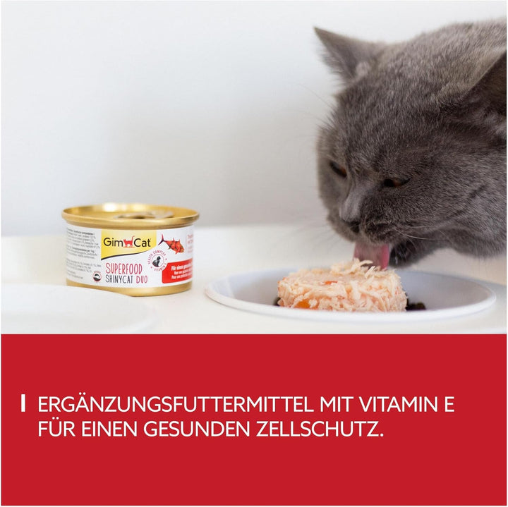 Gimcat Superfood Shinycat Duo Tuna With Tomatoes - Hrană pentru pisici cu file suculent fără zahăr adăugat pentru pisici adulte - 24 cutii (24 X 70 G)