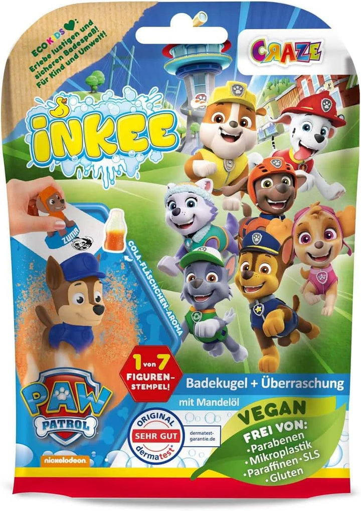 INKEE SURPRISE PAW PATROL, Bomba de baie pentru copii cu surpriză, aromă de gumă de cola, efect de spumă, 80 grame