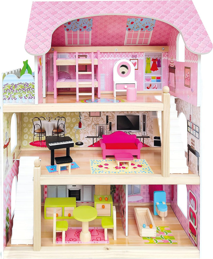 Bino World of Toys Casă de păpuși cu balcon, Jucărie pentru copii mici de la 3 ani, cu 3 etaje, scări, 4 camere și balcon incl. 15-TLG. Accesorii, Pentru a promova abilitățile copiilor, Design roz