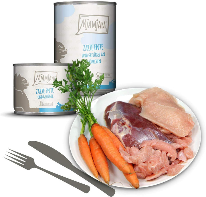 Mjamjam - Hrană umedă premium pentru pisici - Curcan bun cu dovleac aburit, pachet de 6 (6 X 800 G) & Hrană umedă premium pentru pisici - Rață și pasăre fragedă cu morcovi delicioși, pachet de 6 (6 X 800 G)