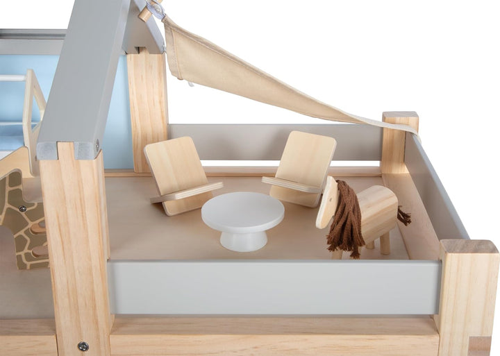 Casă de păpuși din lemn Small Foot, culori naturale - 3 etaje cu terasă pe acoperiș și set de mobilier din 51 de piese, încurajează jocul creativ, potrivită de la 3 ani, 12541