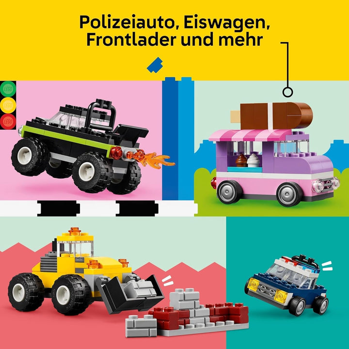 LEGO Classic Creative Vehicles, set de cărămizi de construcție pentru mașini model colorate, inclusiv camion, mașină de poliție și vehicule de construcții, mașini de jucărie construibile pentru copii, cadou pentru băieți și fete de la 5 ani 11036