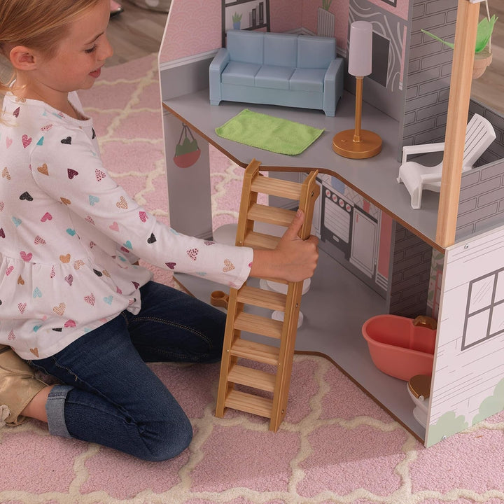 Casă de păpuși Kidkraft Alina din lemn cu mobilier și accesorii pentru păpuși înalte de 30 cm, set de joacă cu 3 etaje, cu câine și scări mobile, jucărie pentru copii de la 3 ani, 10229
