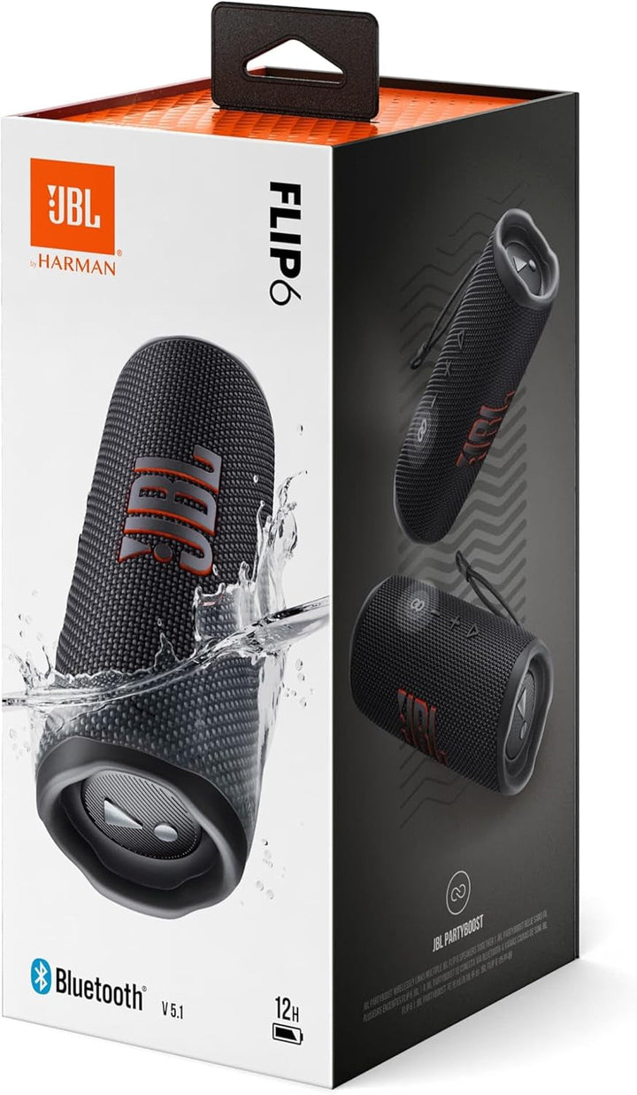 Difuzor Bluetooth JBL Flip 6 negru - Difuzor portabil, rezistent la apă, cu sistem de difuzoare cu 2 căi pentru sunet puternic - Până la 12 ore de redare wireless a muzicii