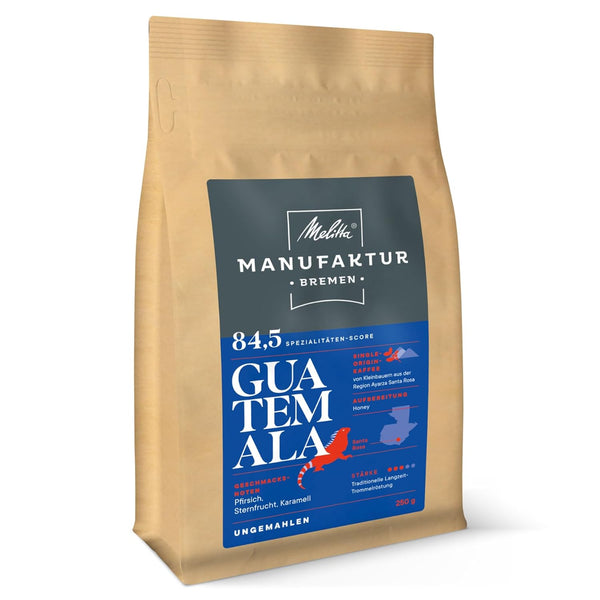 Melitta Manufaktur-Kaffee Guatemala Honey, Spezialitäten-Kaffee, 250G, Ganze Kaffee-Bohnen, Ungemahlen, Single-Origin-Kaffee, Sanfte Trommelröstung, Geröstet in Deutschland, Stärke 3