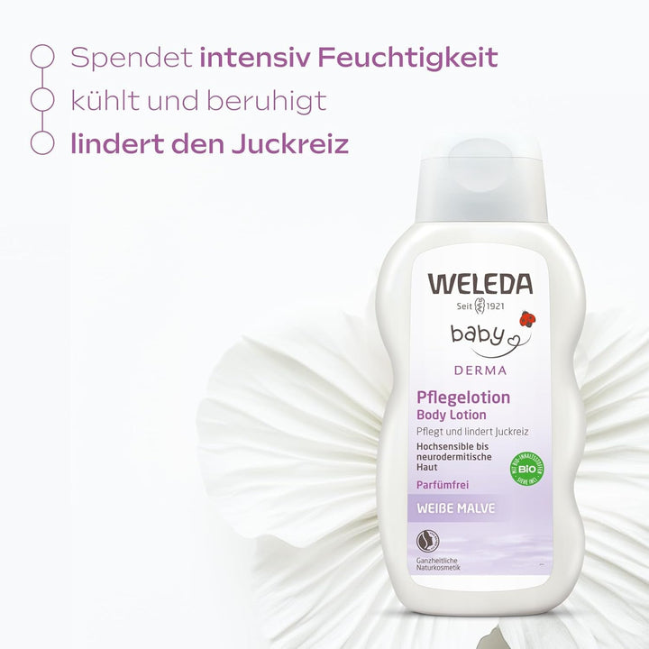 WELEDA Organic Baby Derma White Mallow Care Lotion - Cosmetice naturale Loțiune hidratantă pentru corp pentru calmarea și îngrijirea intensivă a pielii foarte sensibile, neurodermice și uscate (1 x 200 ml)
