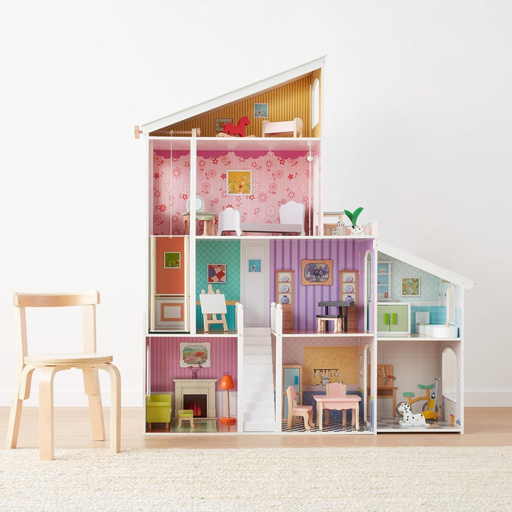 Amazon Basics Casă de păpuși din lemn cu 4 etaje și accesorii de mobilier pentru păpuși de 30,48 cm