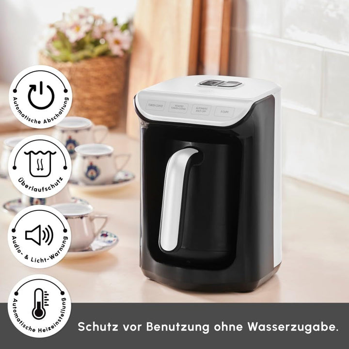 Cafetieră turcească Karaca HatÄ±r Köz, capacitate 300 ml, prepară 5 cești de cafea turcească, oprire automată și control al temperaturii, aromă autentică de cărbune, 535 W, alb