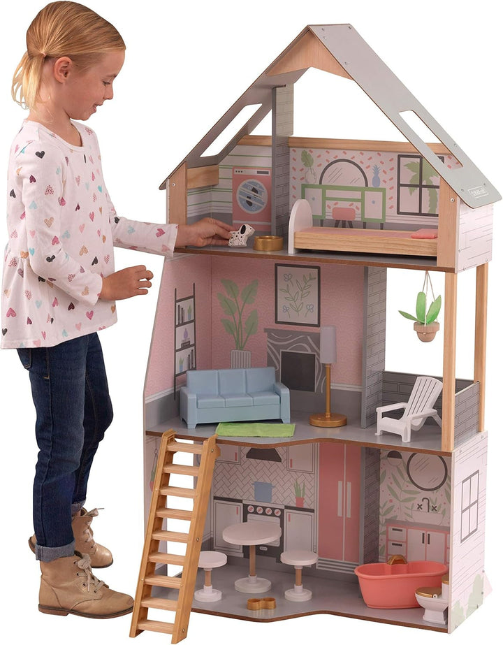 Casă de păpuși Kidkraft Alina din lemn cu mobilier și accesorii pentru păpuși înalte de 30 cm, set de joacă cu 3 etaje, cu câine și scări mobile, jucărie pentru copii de la 3 ani, 10229