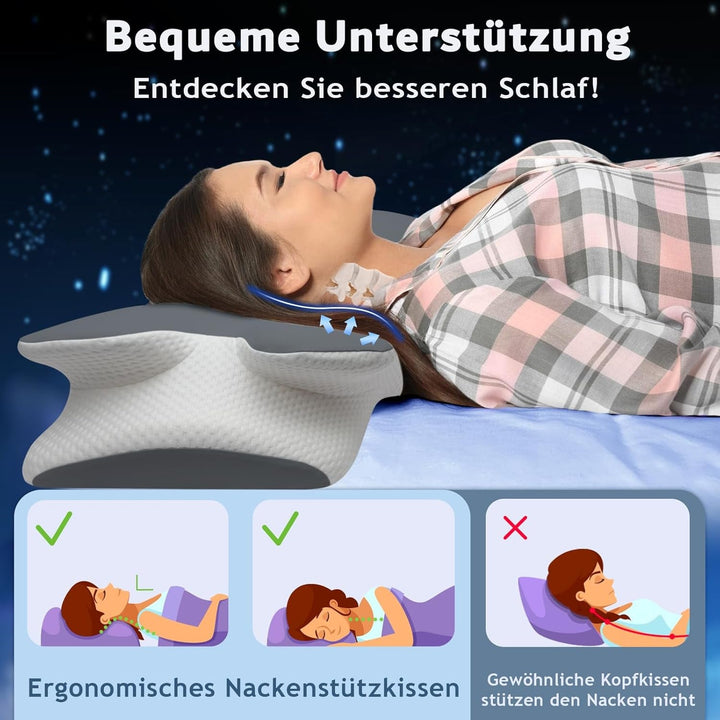 Pernă din spumă de memorie Pernă pentru gât Pernă ortopedică - Design ergonomic Cu formă goală Pentru cei care dorm lateral, pe spate și pe stomac Gri