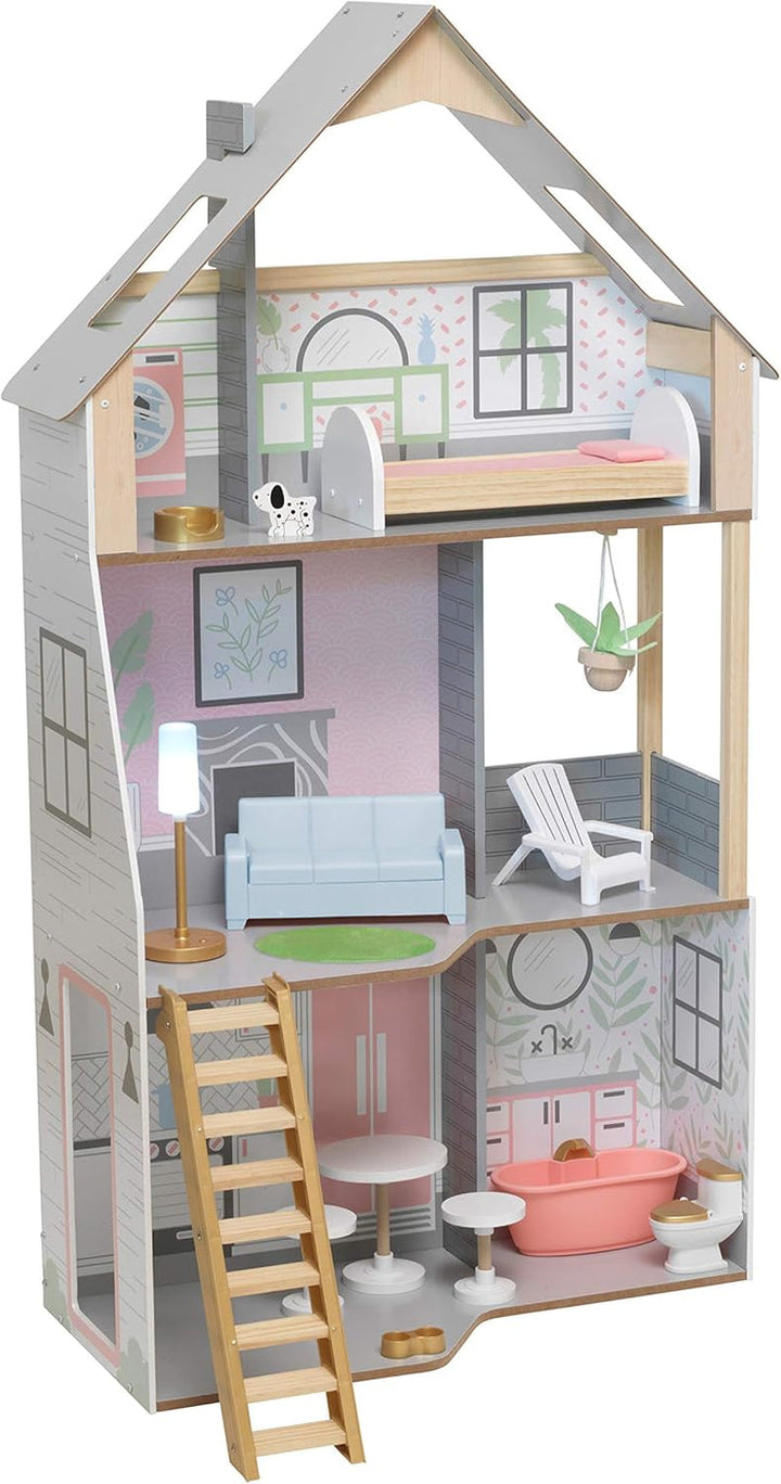 Casă de păpuși Kidkraft Alina din lemn cu mobilier și accesorii pentru păpuși înalte de 30 cm, set de joacă cu 3 etaje, cu câine și scări mobile, jucărie pentru copii de la 3 ani, 10229