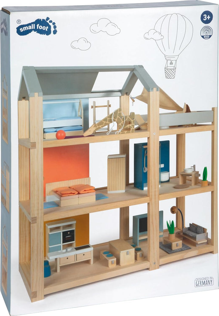 Casă de păpuși din lemn Small Foot, culori naturale - 3 etaje cu terasă pe acoperiș și set de mobilier din 51 de piese, încurajează jocul creativ, potrivită de la 3 ani, 12541