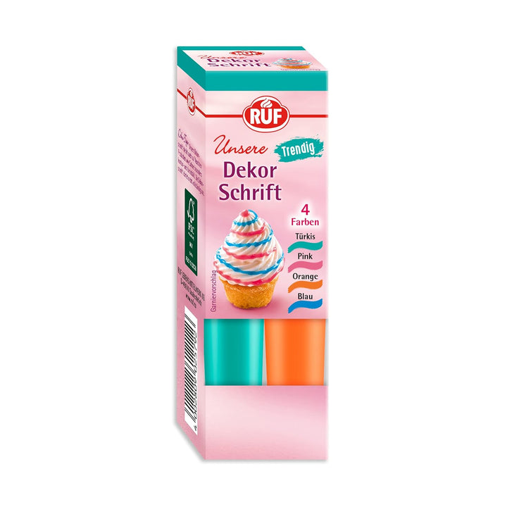 RUF Zucker-Schrift, 4 Tuben Dekor-Schrift in Türkis, Pink, Orange & Blau, Zur Beschriftung Von Glasur, Zuckerguss Und Fondant, Tortendeko Für Weihnachtsplätzchen, 4 X 25G